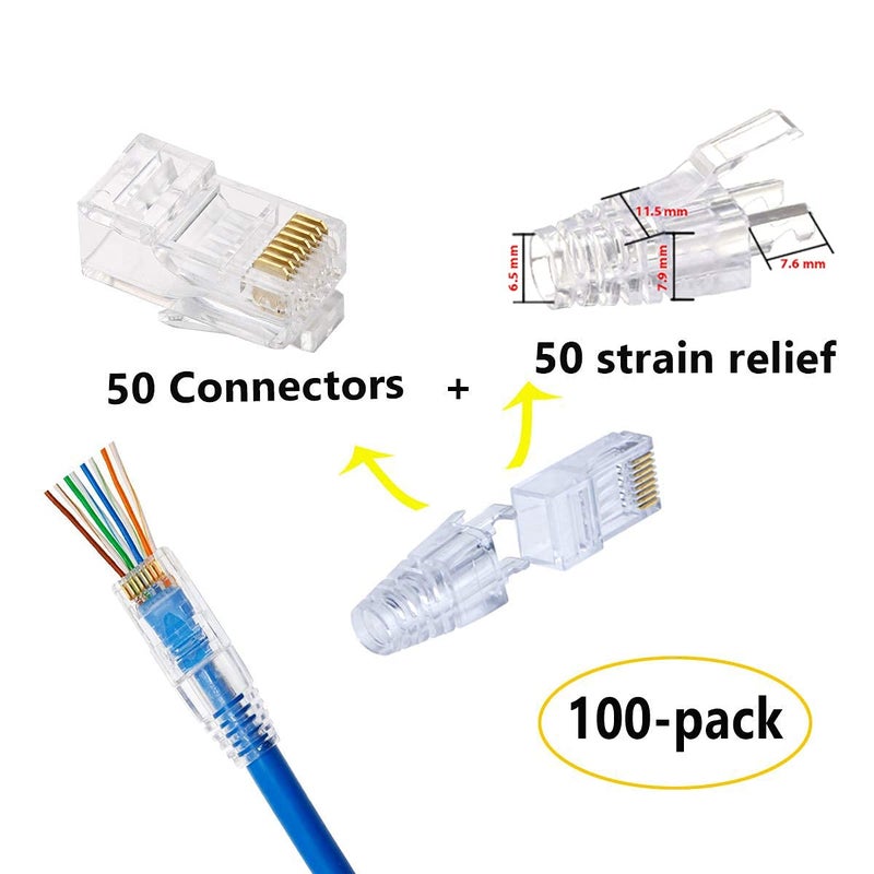 PETECHTOOL RJ45 CAT6 Pass Through Connectors Gold Plated 8P8C Plugs and Strain Relief (50xcat6plug+50xstrain Relief) - Image 4